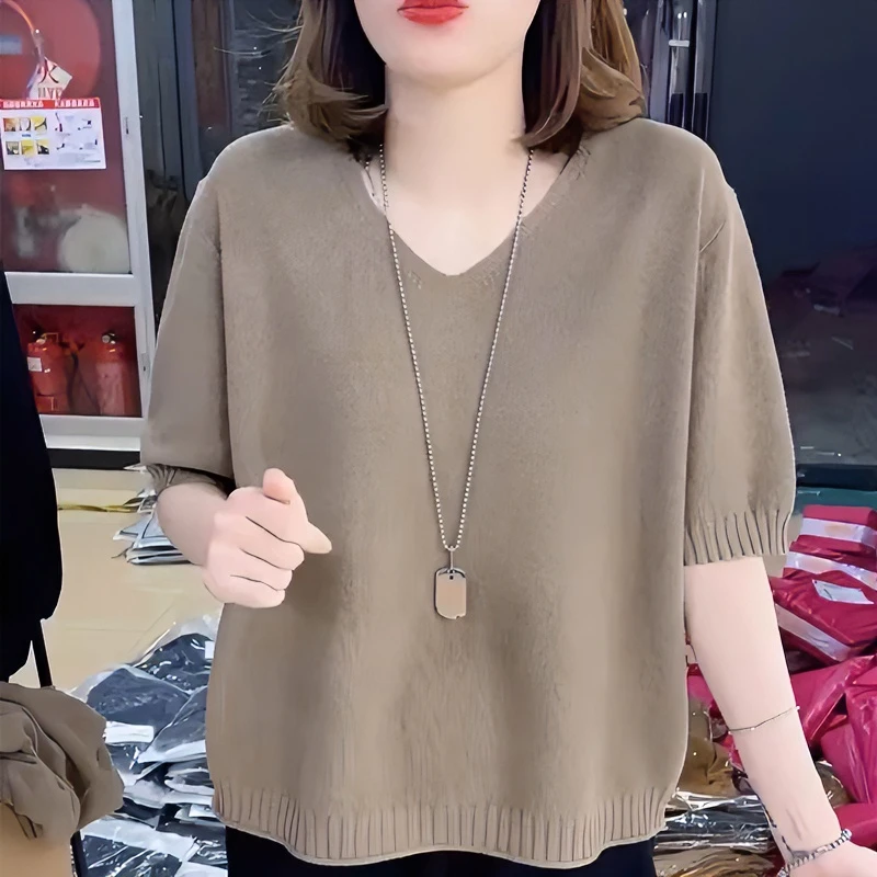 女装2025新款夏季纯色V领针织衫短袖净版百搭显瘦时尚薄T恤上衣服