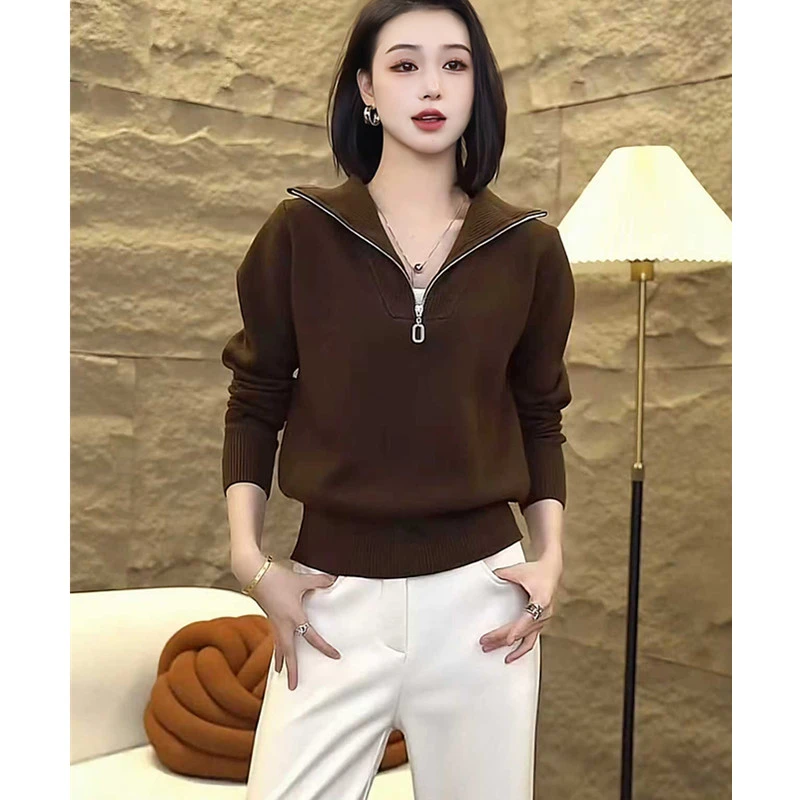 2025秋冬新款翻领半拉链针织衫女宽松显瘦时尚洋气减龄毛衣打底衫