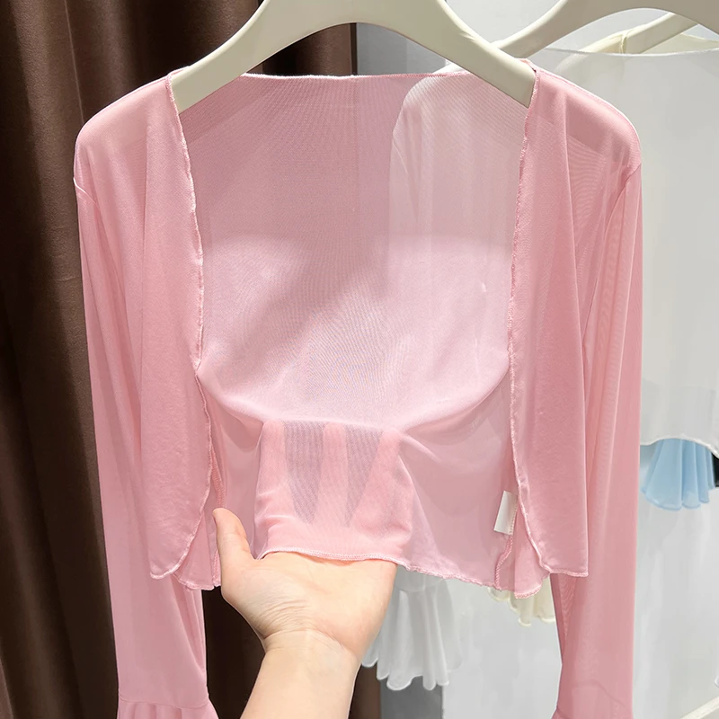 透视网纱粉色蕾丝开衫夏季防晒长袖薄纱小披肩薄款外搭罩衫上衣女