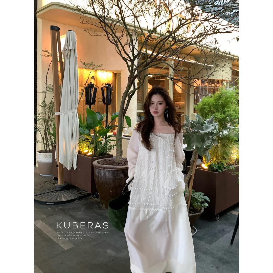 KUBERAS 重工提花肌理一字肩挂脖连衣裙法式高级感宽边A字长裙