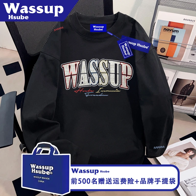 WASSUP HSUBE设计感潮牌印花T恤100%纯棉ins男女长袖秋季黑色上衣
