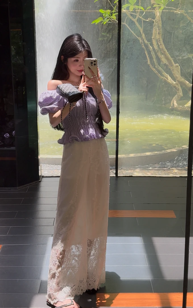 【XU•JING】紫色泡泡袖花边腰上衣/白色蕾丝长裤轻奢高腰