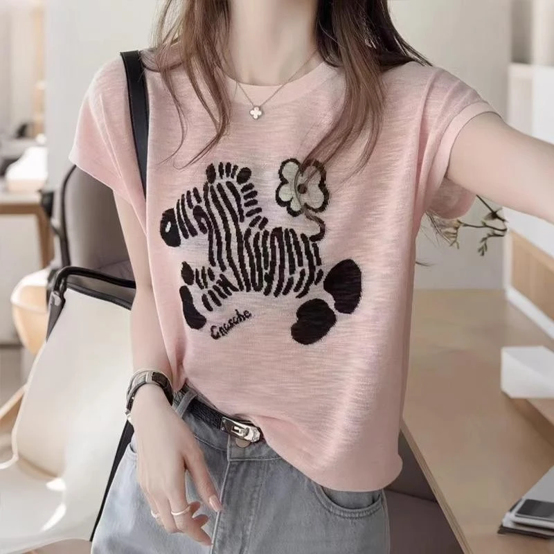 竹节棉短袖T恤女夏季凉感时尚百搭小衫圆领休闲印花洋气减龄上衣