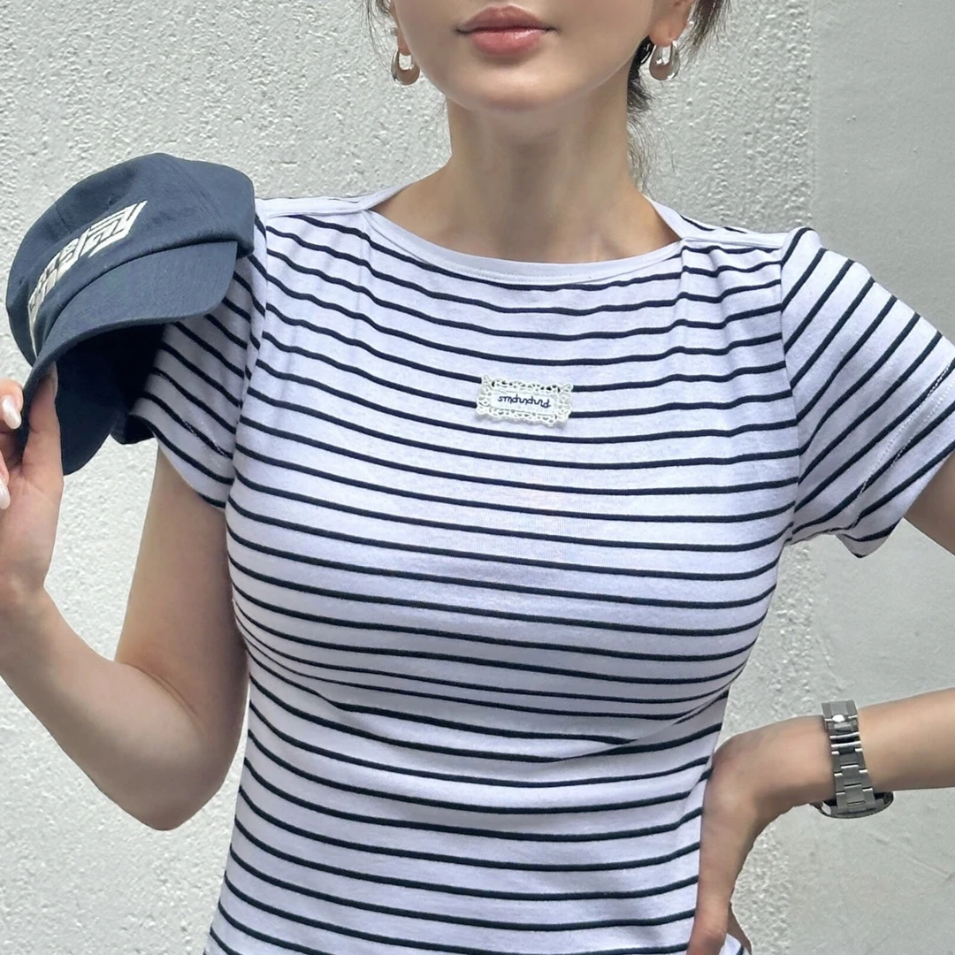【福利款】条纹短袖T恤时尚休闲百搭夏季女士半袖修身纯色刺绣夏款