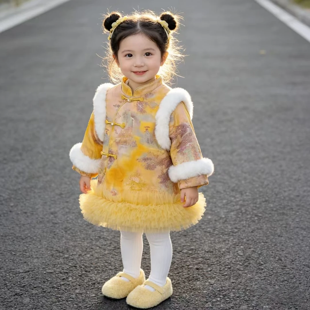 新款拜年服加绒加厚新中式中国风旗袍连衣裙冬款国风宝宝套装汉服