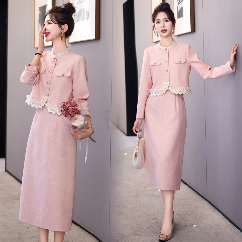 小香风套装长裙春秋新款高级感气质漂亮小洋装职业装显瘦花边