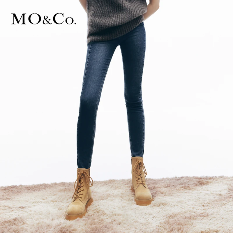 MOCO冬季深蓝色高腰修身弹性牛仔裤小脚裤长裤紧身防寒MBC4JENT17