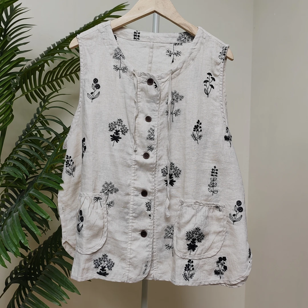 【汉麻黑色花刺绣系带背心马甲】4078