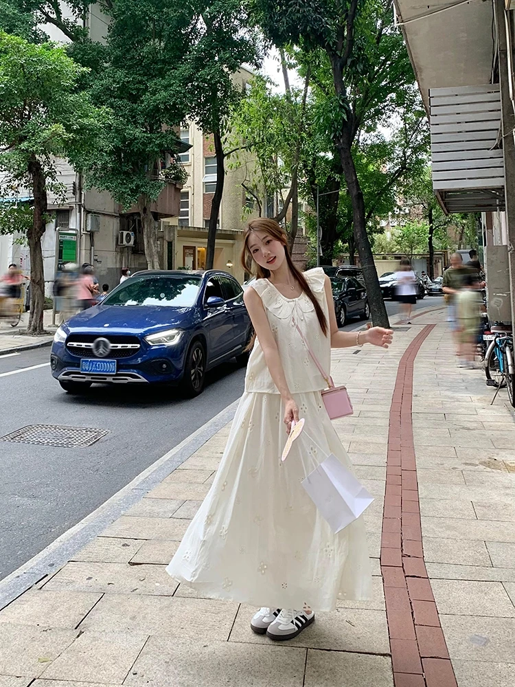 【折耳根苗苗班】CHALAN姹蓝 夏季甜美可爱花边镂空绣花宽松两件套