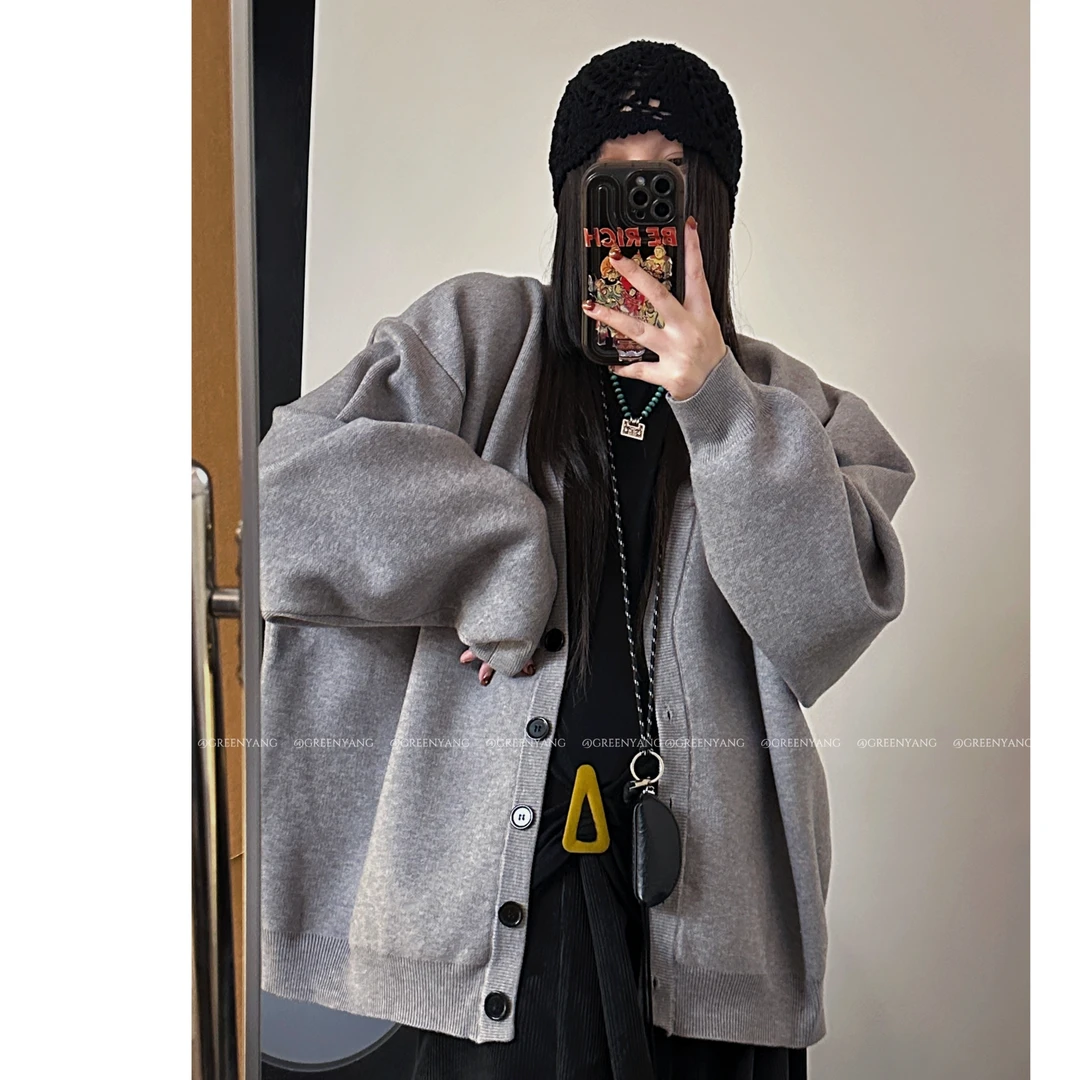 老羊家~毛衣外套女大码2025加厚外穿复古慵懒显瘦宽松v领针织开衫