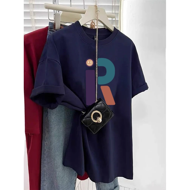2025新款正肩短袖t恤女装设计感小众时尚百搭洋气藏青色上衣夏季
