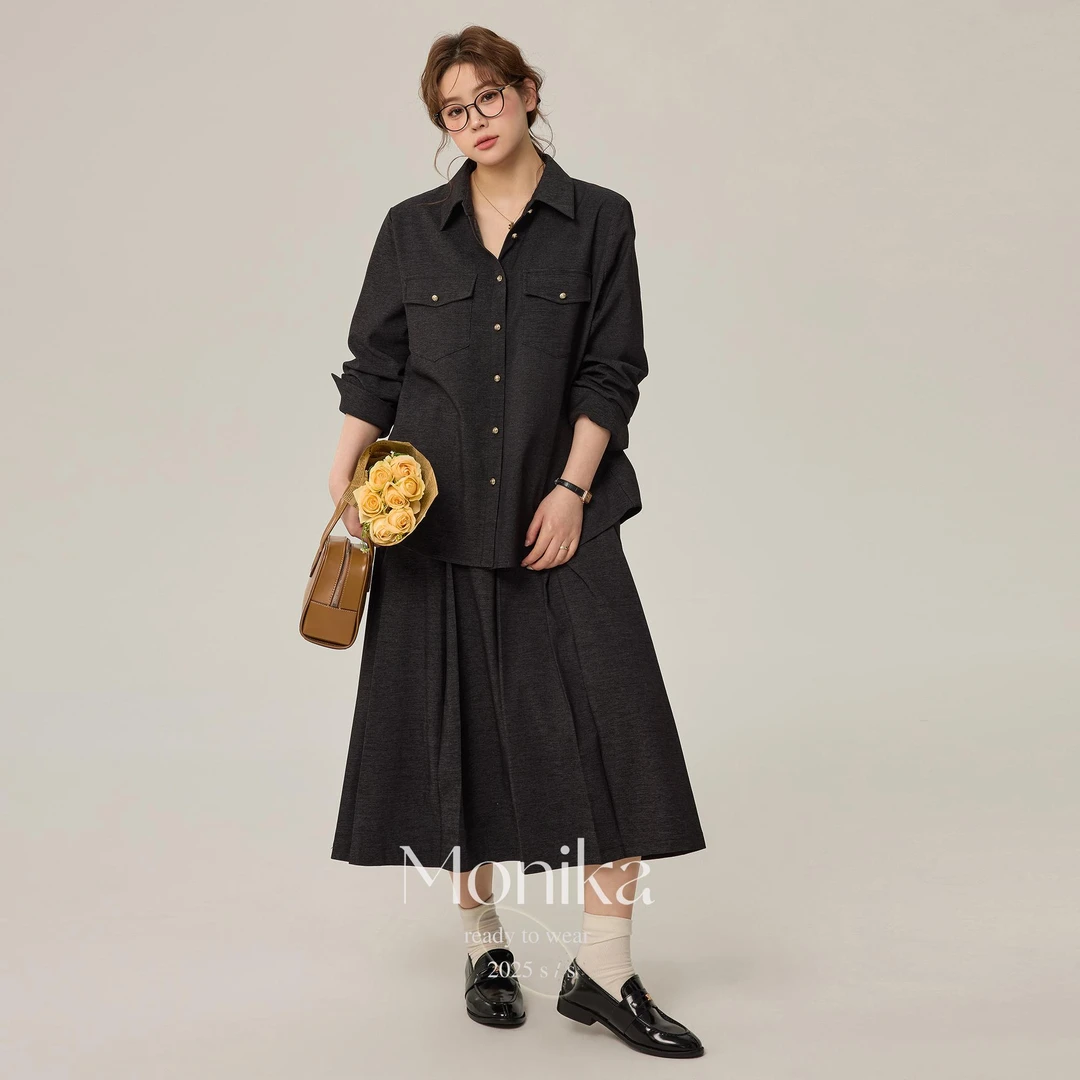 大码女装2025春装复古宽松休闲仿牛仔衬衫百褶半身裙套装75770