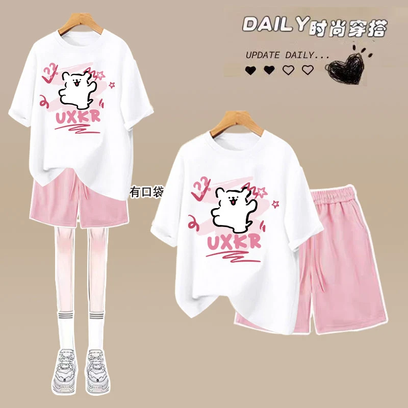 线条小狗女童纯棉短袖短裤套装夏季新款洋气韩版中大童裤子两件套