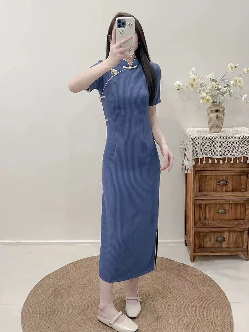 0619 蓝色 条纹 花扣 【碧蓝】 旗袍