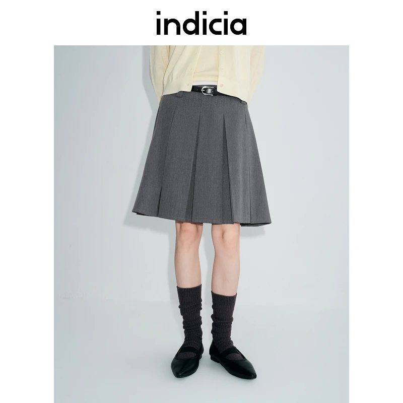 indicia标记25春款灰色百褶裙学院风韩系a字半裙欧若风L2A5QZ011
