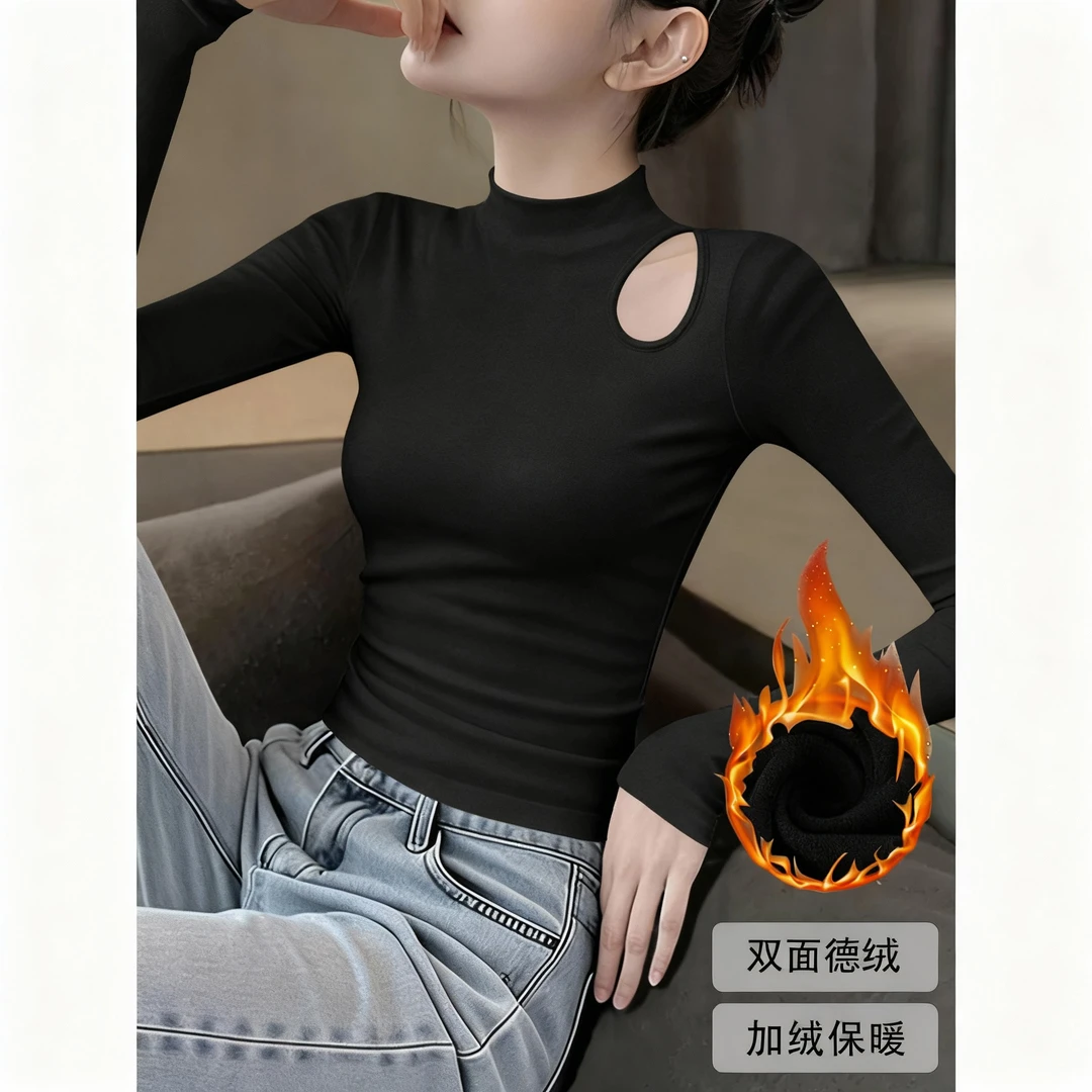 黑色德绒镂空半高领长袖内搭女秋冬季内搭加厚修身洋气设计感上衣