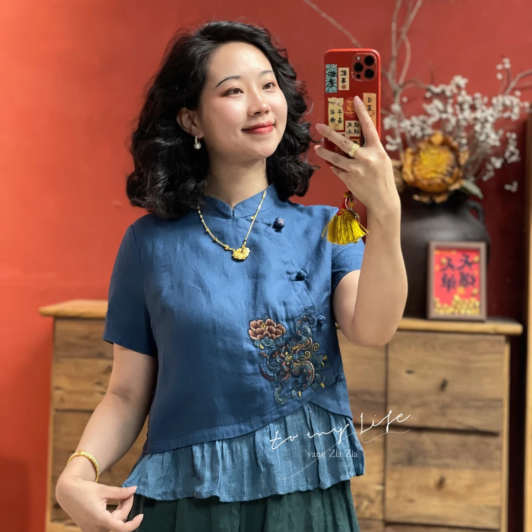 羊在在民族风刺绣盘扣小衫中式禅意茶服拼接短袖上衣SY25YX0158