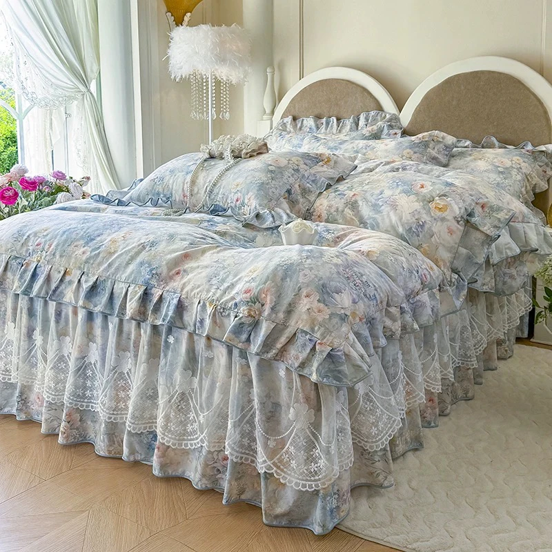2025新款法式花边床上四件套1.8公主风纯棉床品100全棉床裙款被套