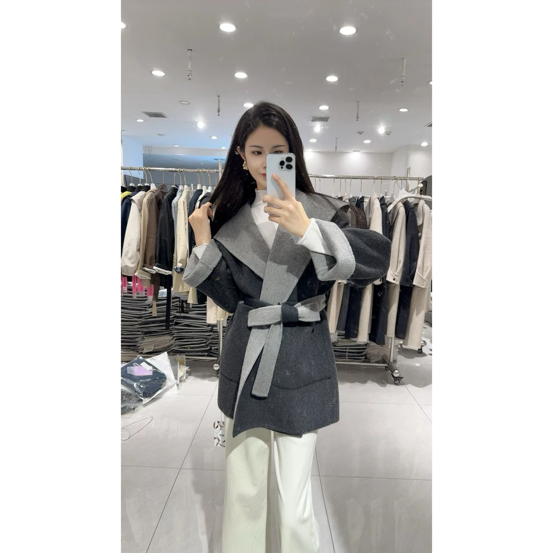 8837#双面大衣宽松型中长款毛呢外套网红呢大衣设计师上衣