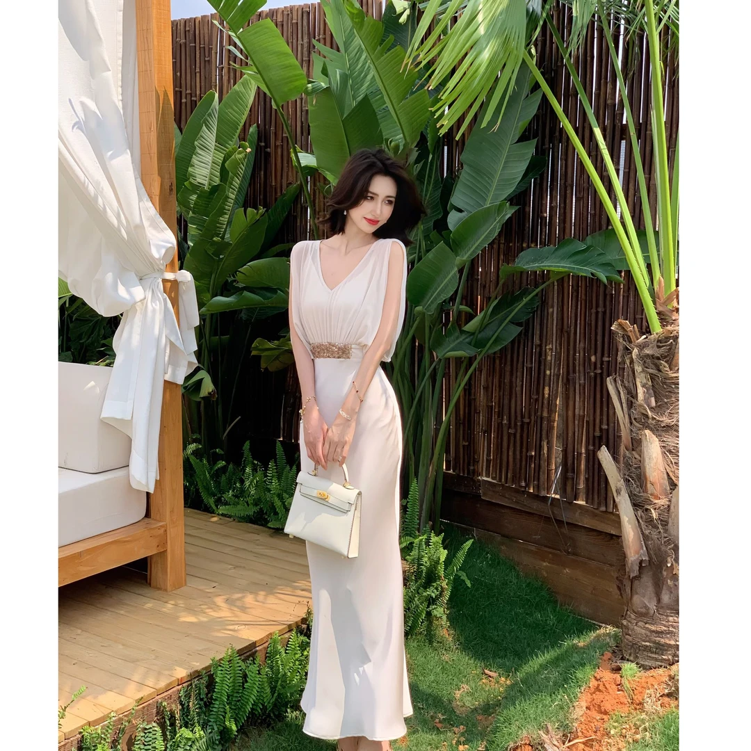 【大晶定制】新款气质珍珠纱无袖双面缎假两件修身连衣裙-DJ10203