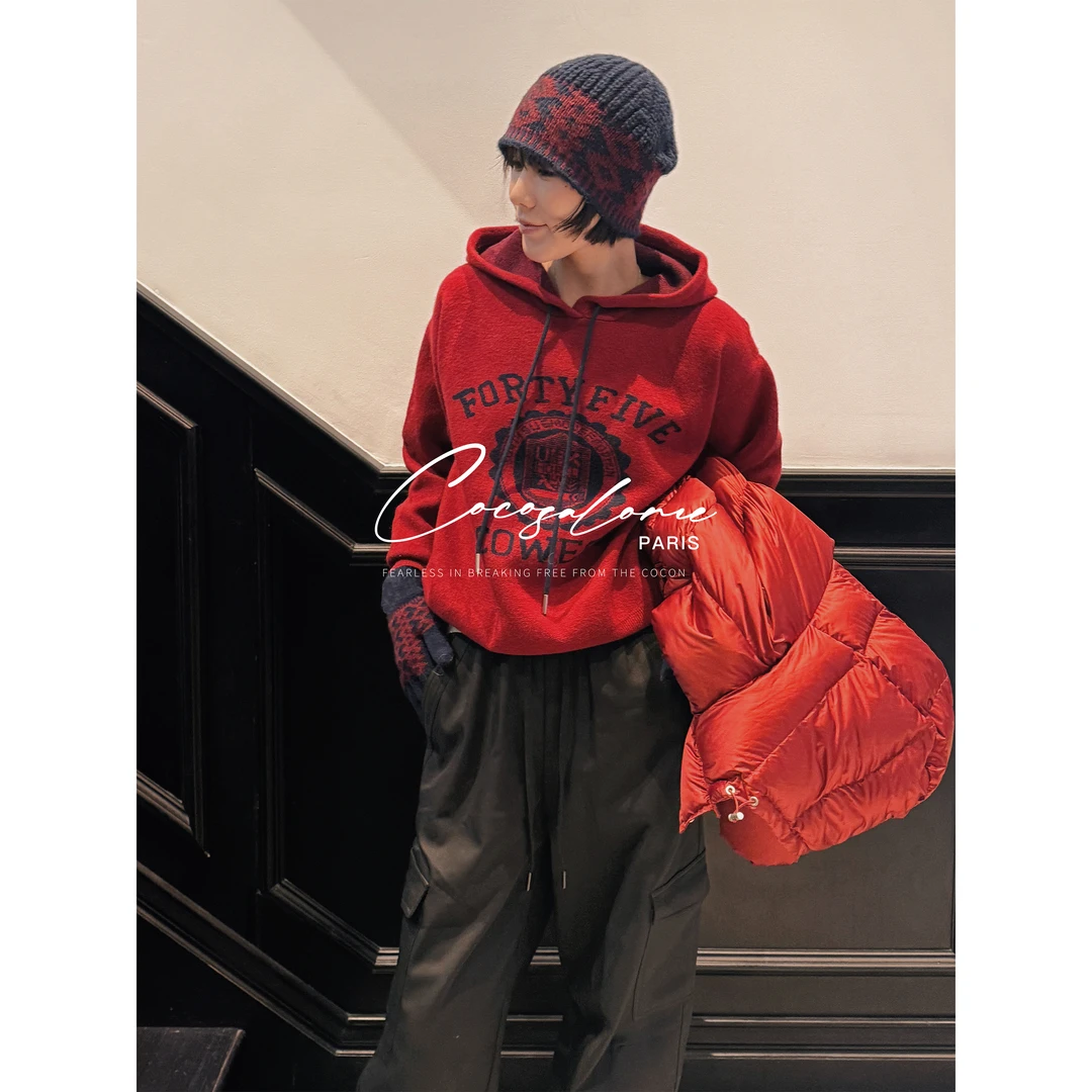 韩彬彬"徽章"绵羊毛+兔毛美式复古提花宽松百搭连帽毛衣女3470-8