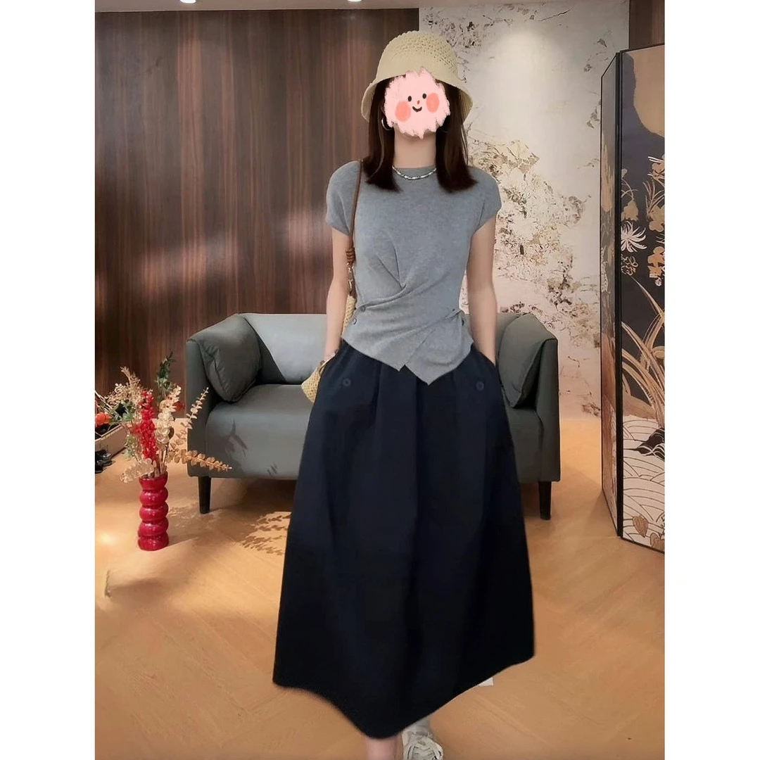 2025夏季收腰显瘦短袖T恤上衣百搭半身裙休闲套装气质洋气衣服女