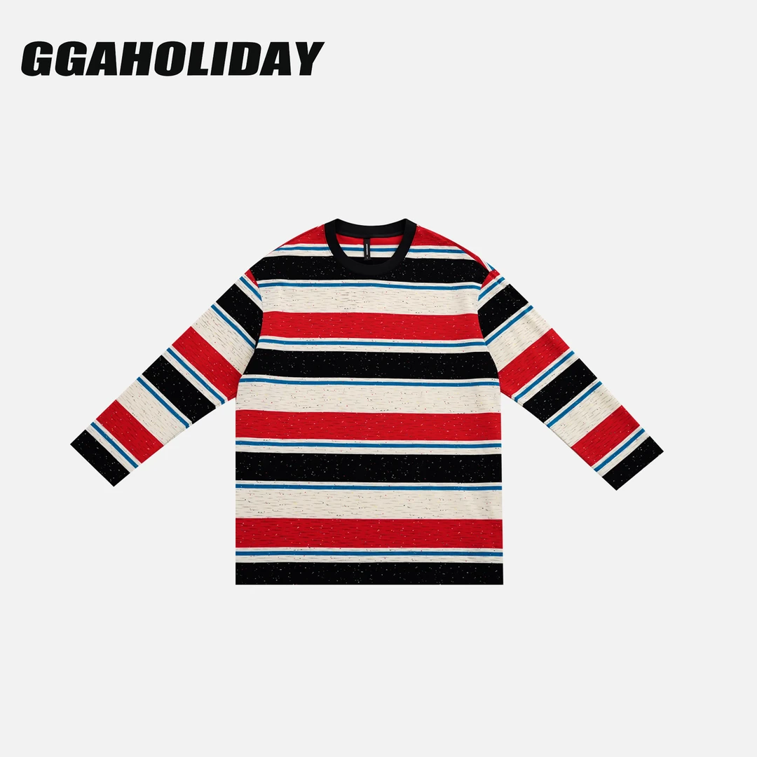 GGAHOLIDAY新款时尚休闲宽松复古条纹撞色打底长袖T恤上衣-153082