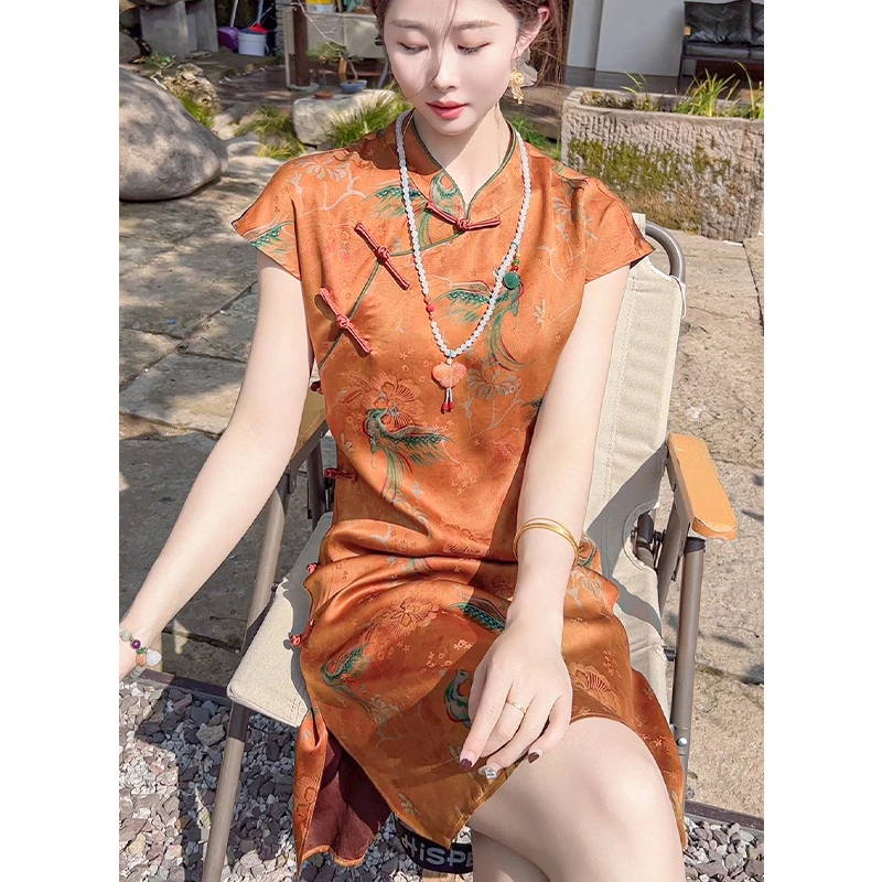 【凤凰涅槃】旗袍女新中式真丝香云纱连衣裙100桑蚕丝中国风女装