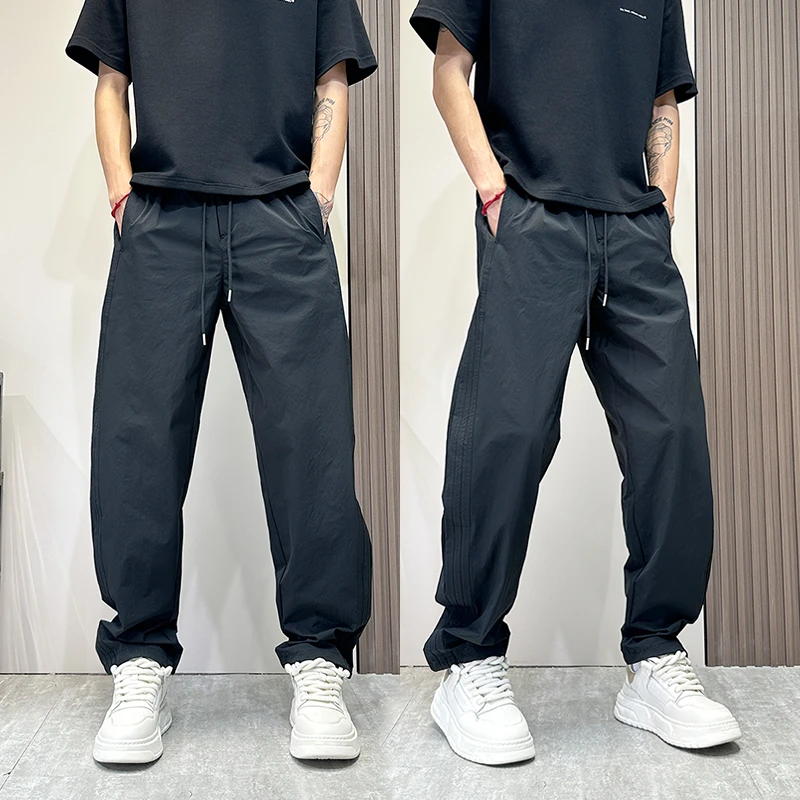 黑色裤子男夏薄款侧条纹直筒运动裤痞帅潮牌宽松休闲裤百搭弯刀裤