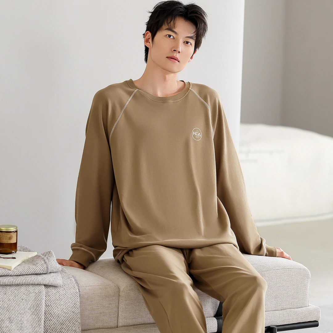 棉绸睡衣男士春秋季长袖夏天薄款青少年纯色宽松家居服套装可外穿