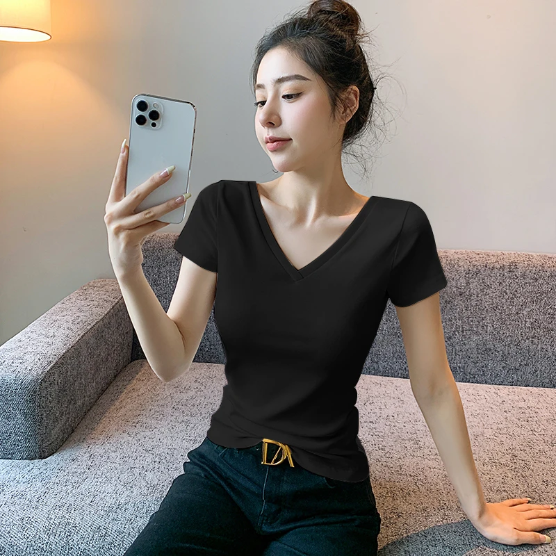 正肩短袖t恤女双v领2024新款夏季螺纹性感气质修身显瘦低领上衣潮