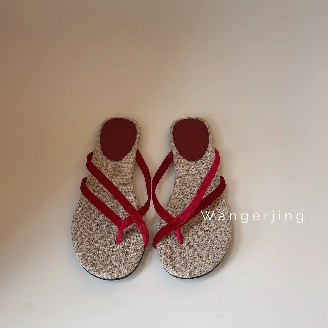 【王二今】牛皮/2CM/极简简老钱松弛平底休闲夹趾凉拖鞋女外穿