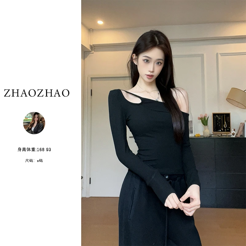 纯欲风性感一字肩恤不规则镂空打底衫掐腰显瘦上衣女