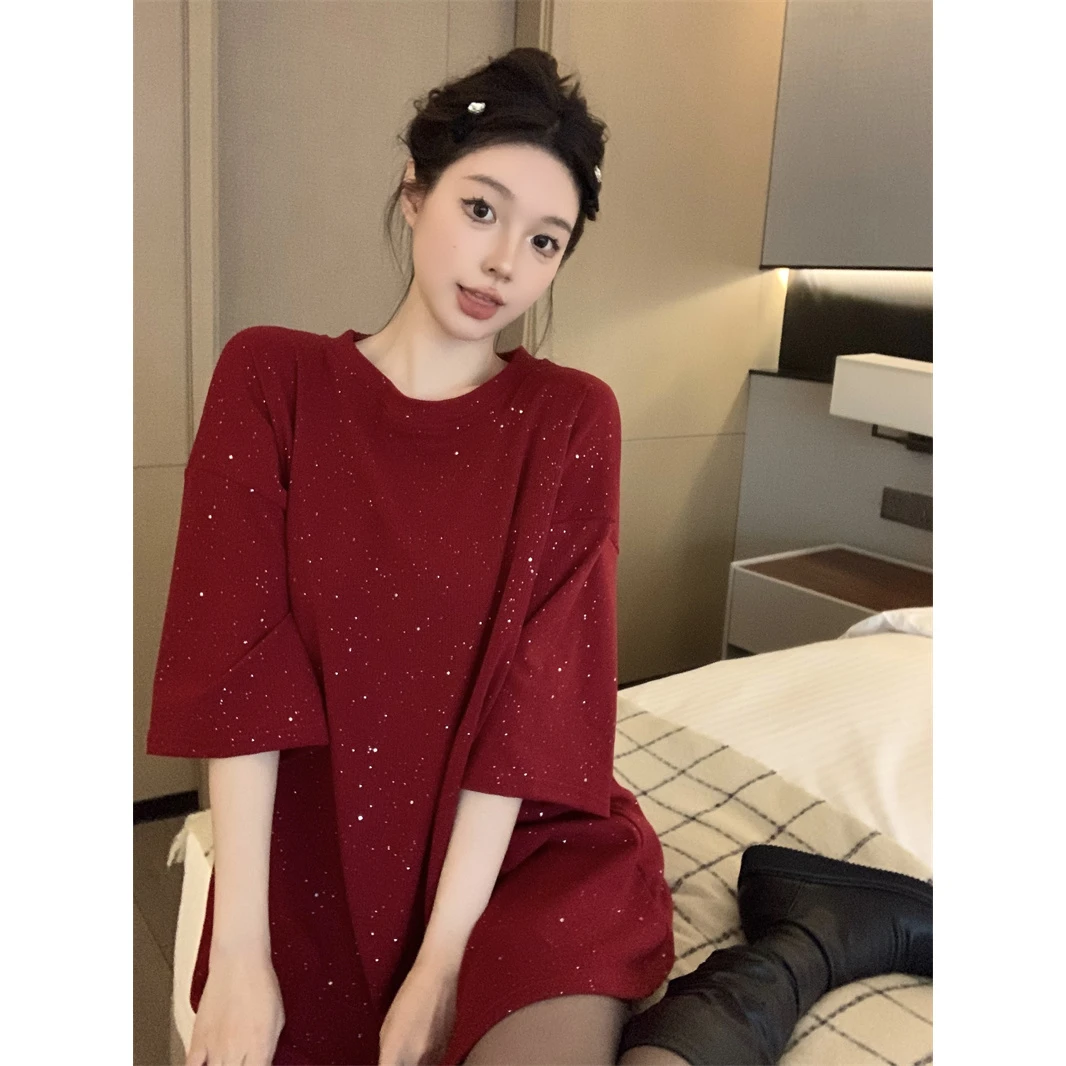 显瘦气质长袖秋冬加厚长款短袖T恤裙重工烫钻宽松纯色圆领上衣