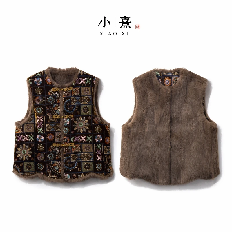 【孤烟】冬季2025新款新中式马夹女式宽松国风双面双穿刺绣兔毛马甲