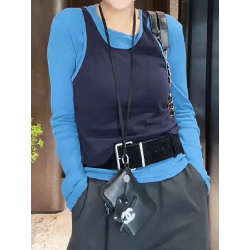 小众慵懒风撞色拼接假两件长袖T恤早秋新款藏肉显瘦薄款圆领上衣