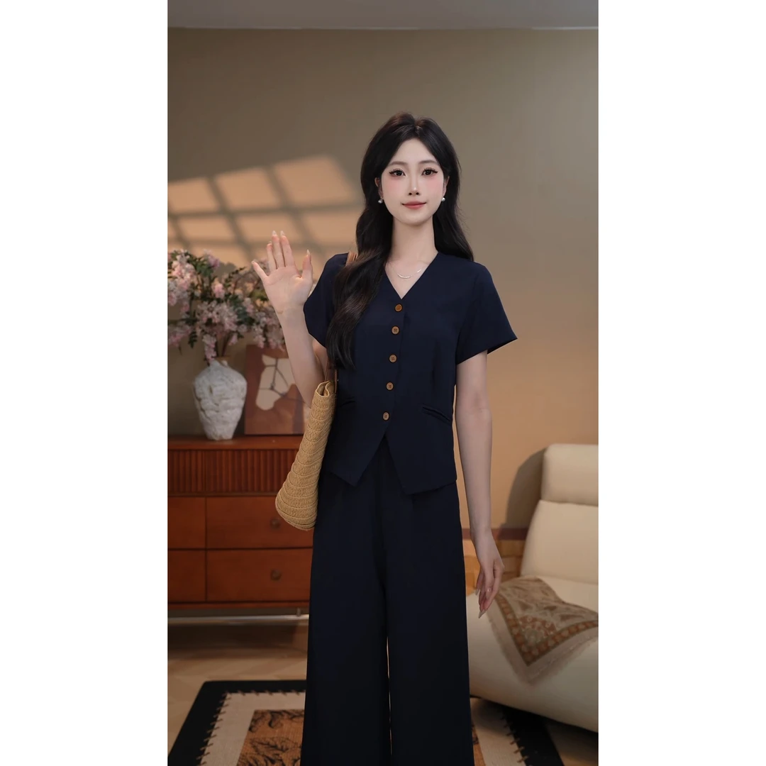 意式轻奢慵懒休闲套装女透气短袖衬衫高腰宽松阔腿裤减龄两件套