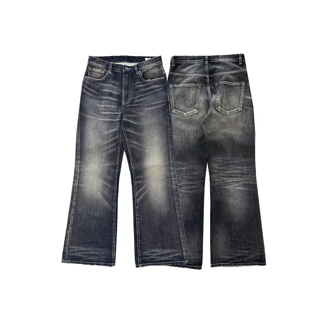 Set for life 24SS水洗做旧锋利猫须立体压皱微喇牛仔裤
