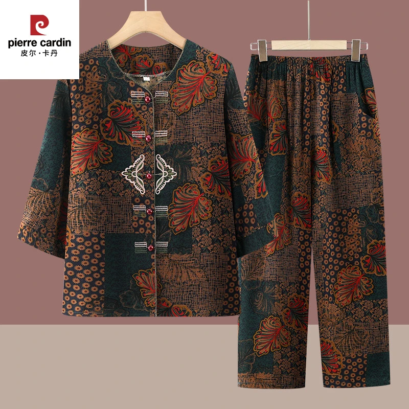 皮尔卡丹2025新款奶奶夏装舒适套装中老年人中袖开衫女妈妈老太太