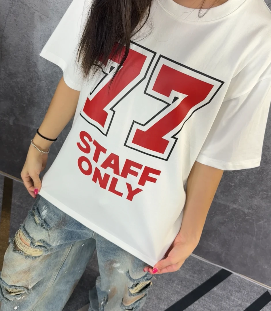 GG潮牌美式复古77号数字字母印花短袖T恤男女宽松百搭情侣款短袖
