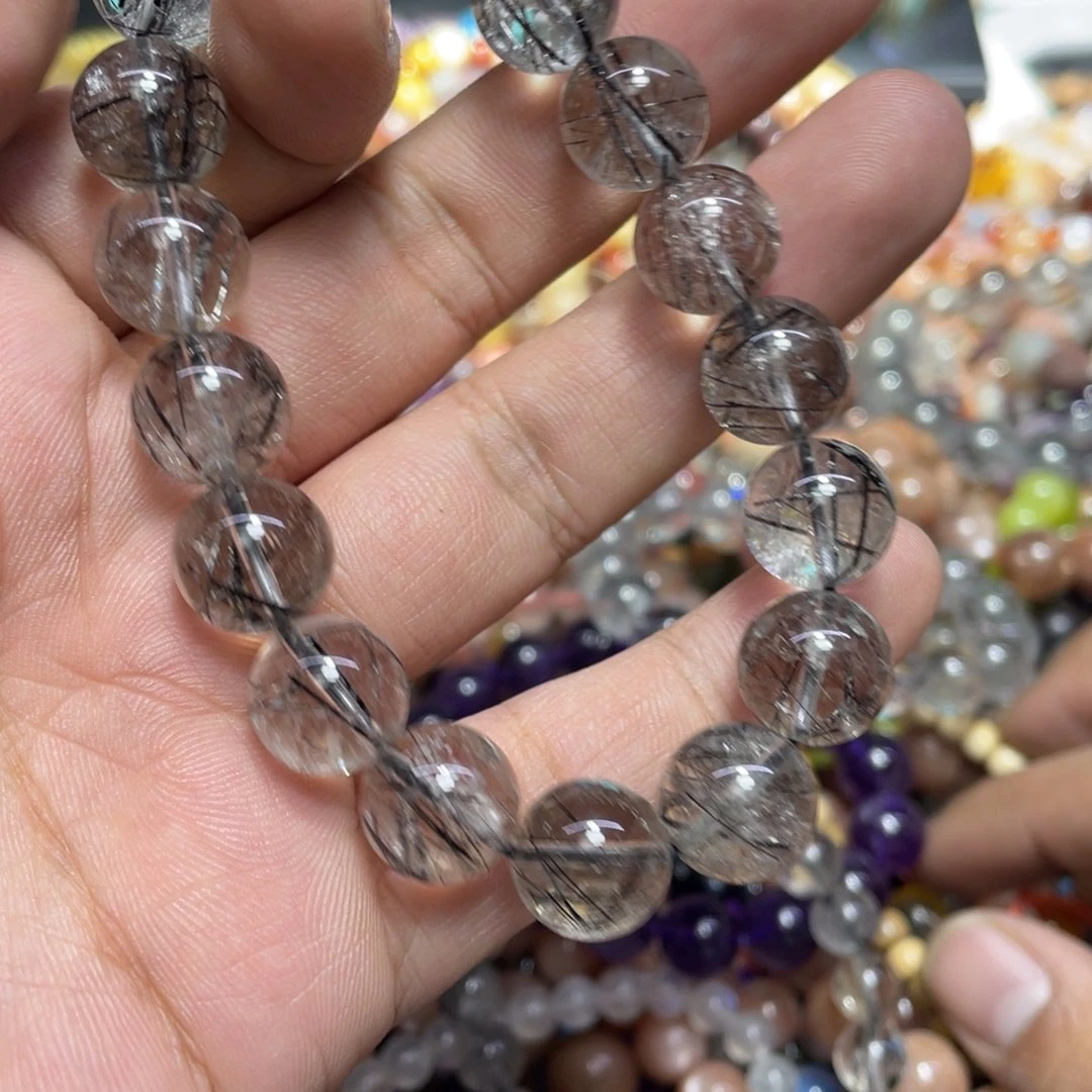 烟晶手链银S800镀金镶嵌