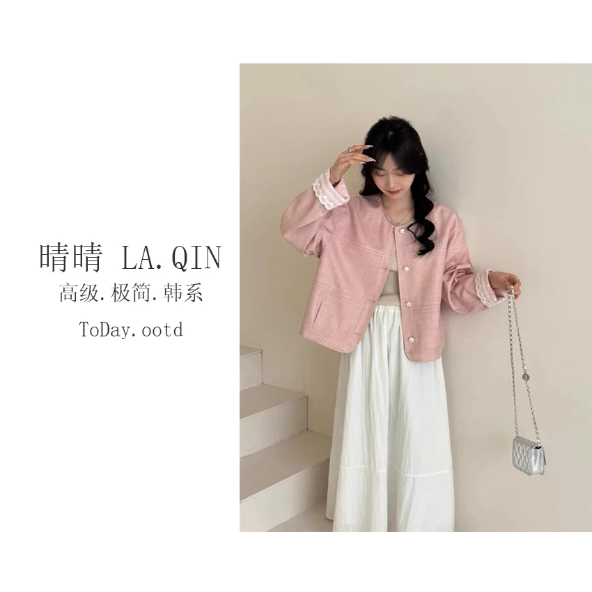 晴晴家-【时尚配色】早春韩系洋气蕾丝拼接袖口花边休闲外套2585