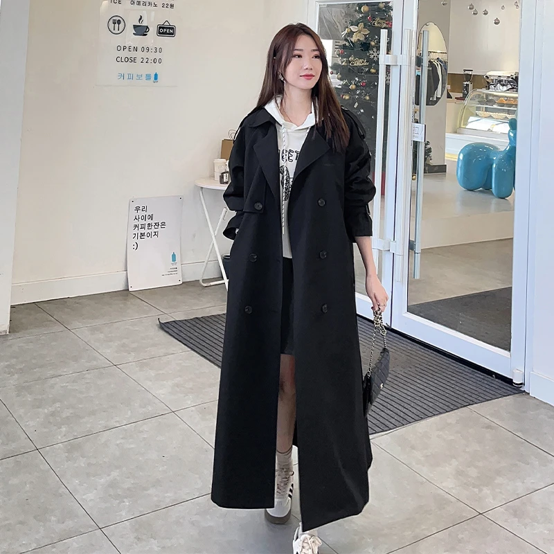 爆款英伦风黑色长款风衣外套女2025春秋新款韩系大衣大码女装胖mm
