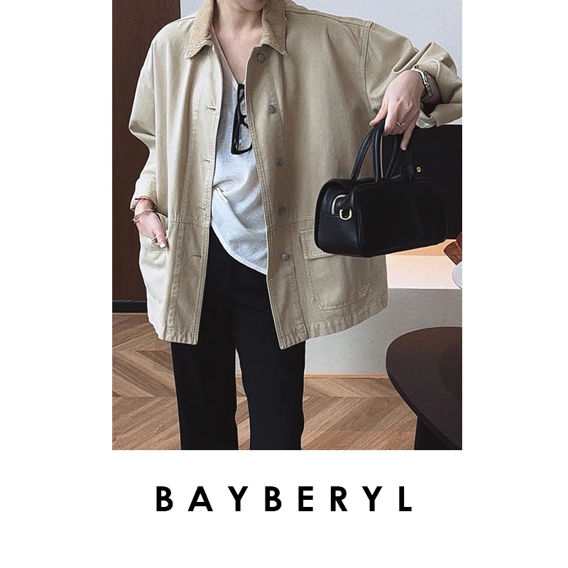 BAYBERYL老贝工程师*卡其复古灯芯绒翻领25秋外套MF4J2801