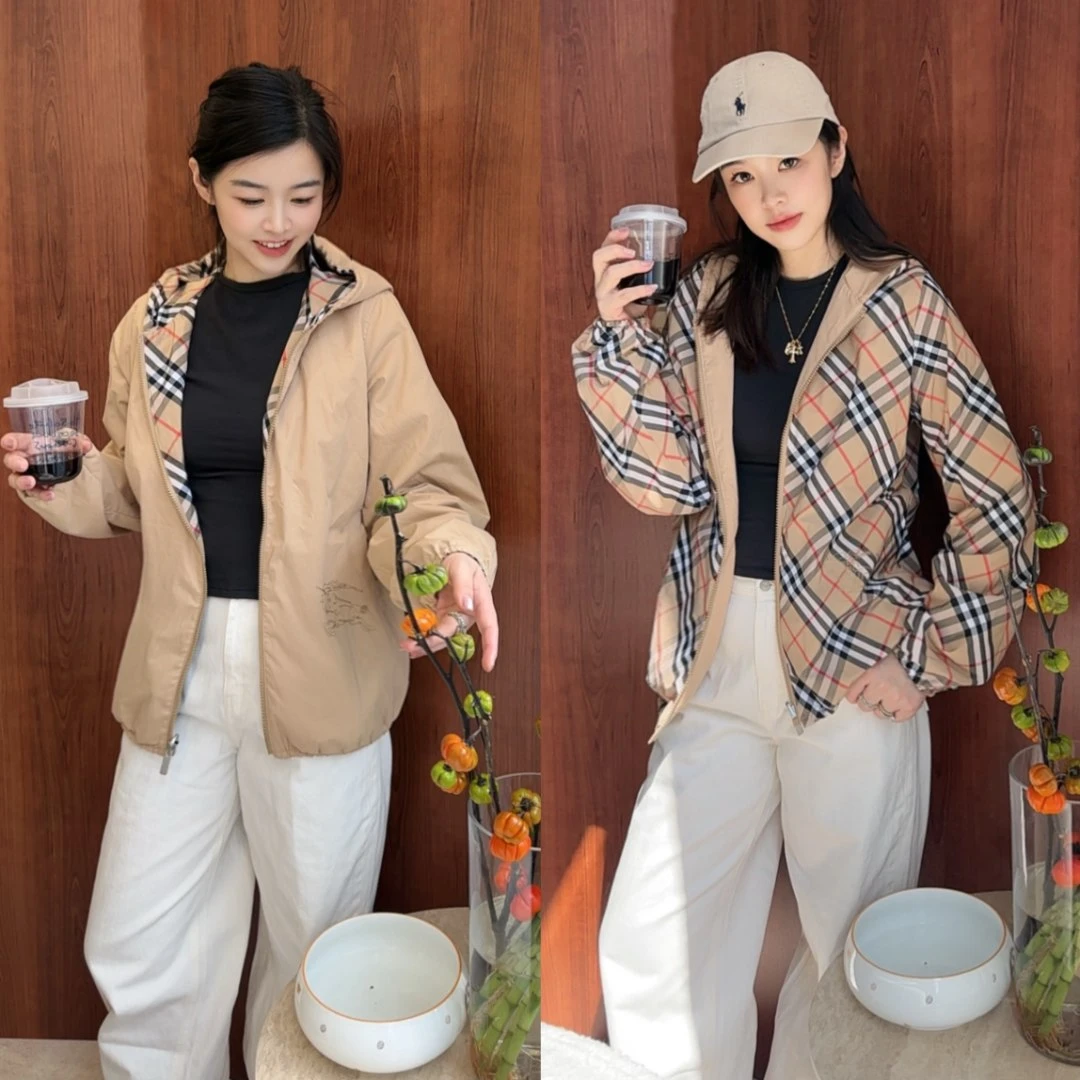 未使用 BURBERRY/博柏利 SS25格纹图案拉链连帽两面穿夹克外套