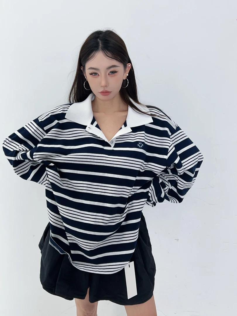 HTT小众设计感原创Polo领条纹宽松大版长袖上衣5121521