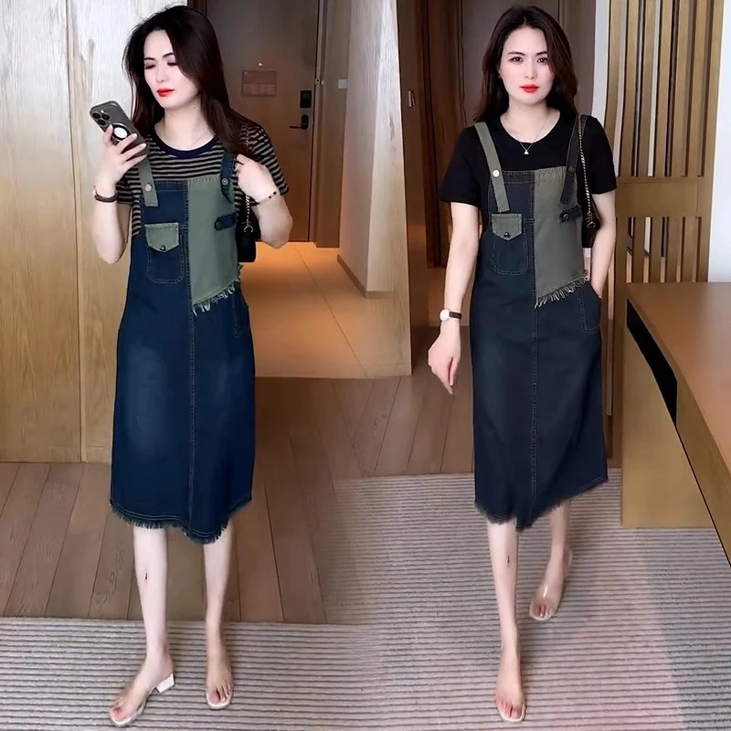 假两件牛仔连衣裙女2025夏季新款洋气宽松显瘦中长款工装背带裙潮