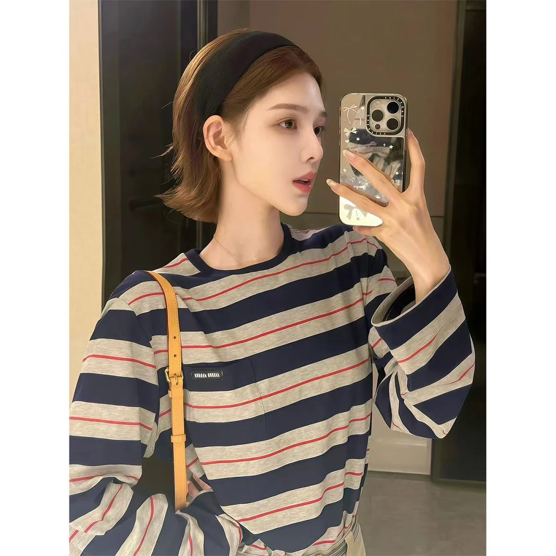 100%纯棉韩版设计条纹圆领时尚条纹长袖T恤男女春秋宽松显瘦上衣