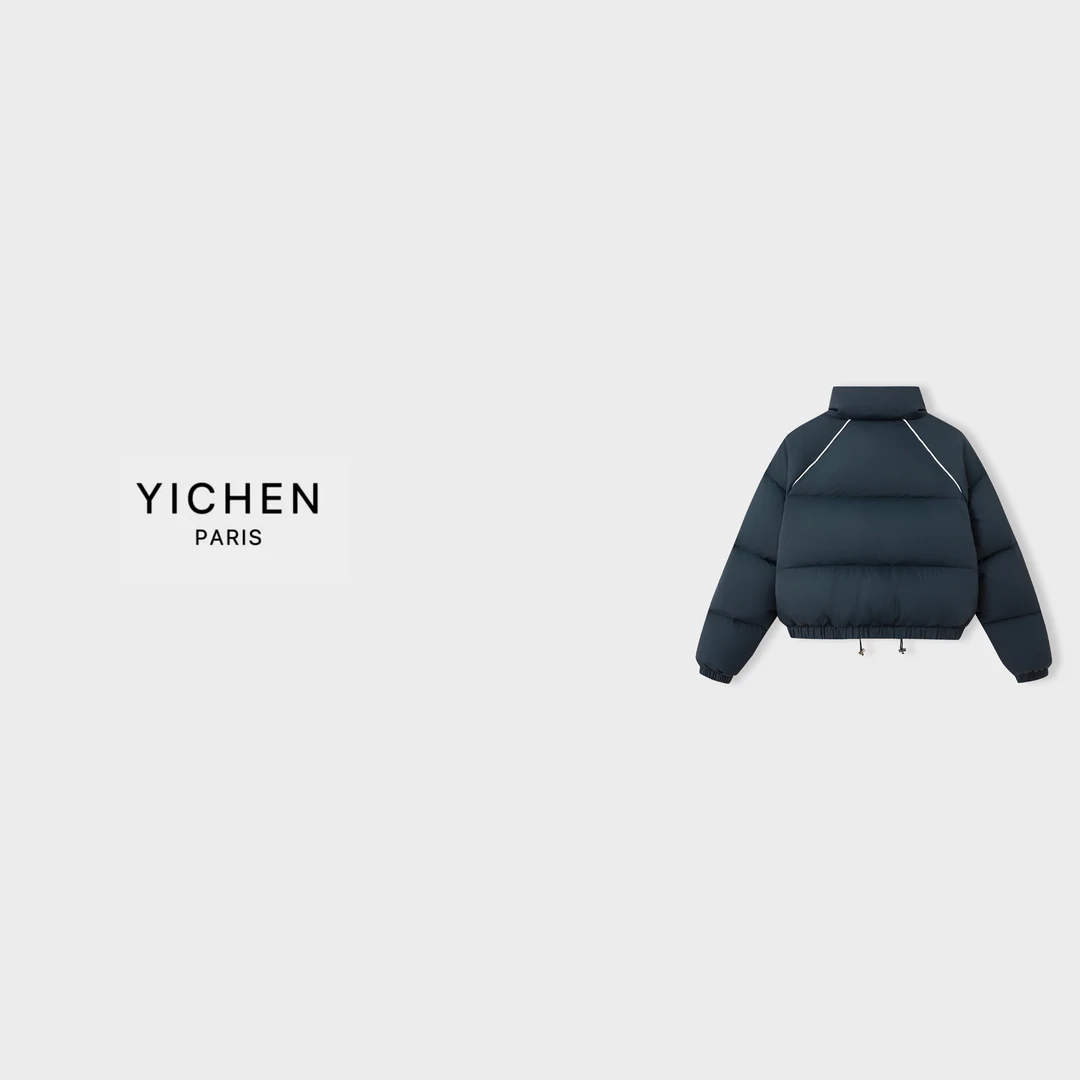 YC 藏蓝色 立领拼接短款羽绒服-4173