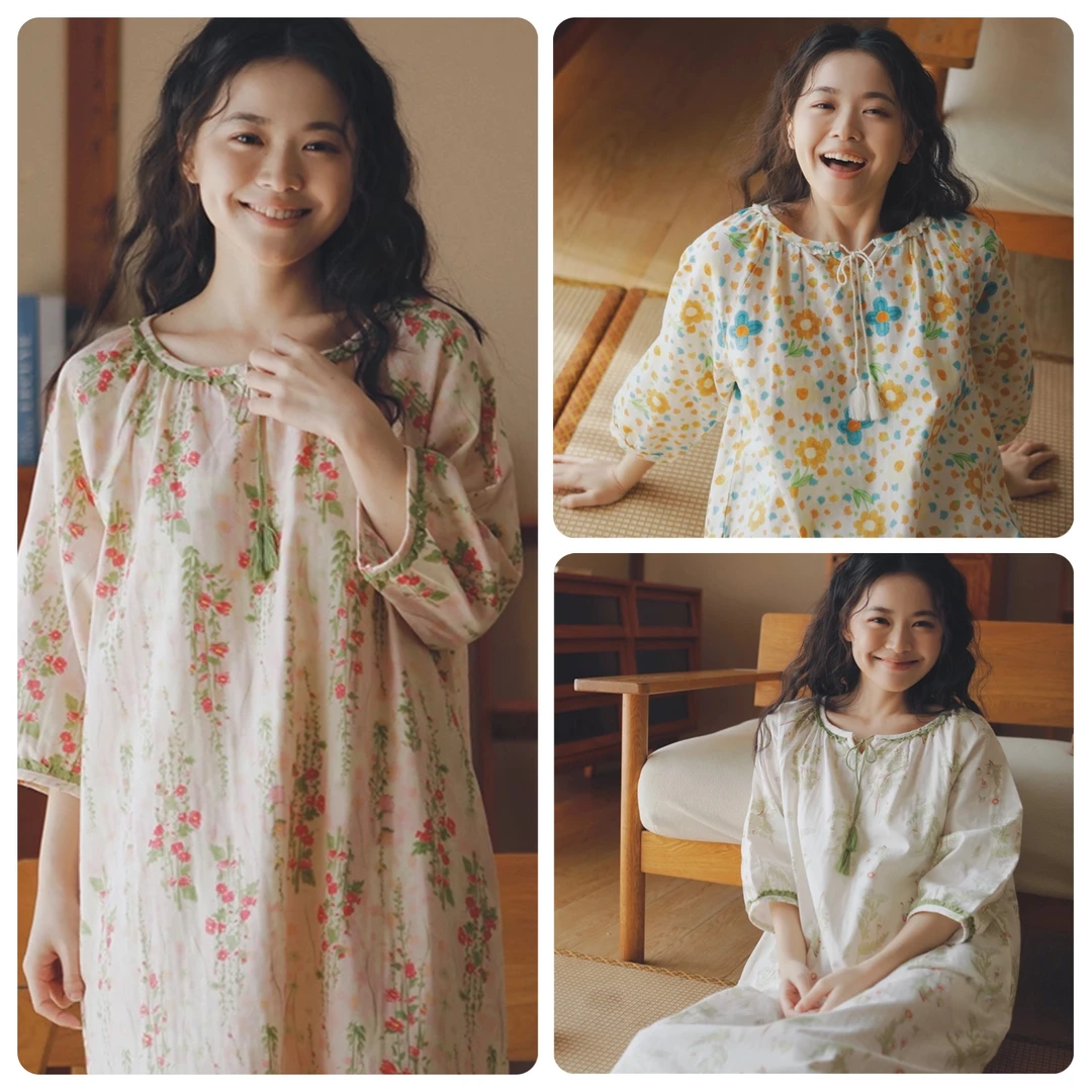 【段姐家居服】全棉棉纱印花插肩袖法式流苏睡裙慵懒宽松舒适睡衣